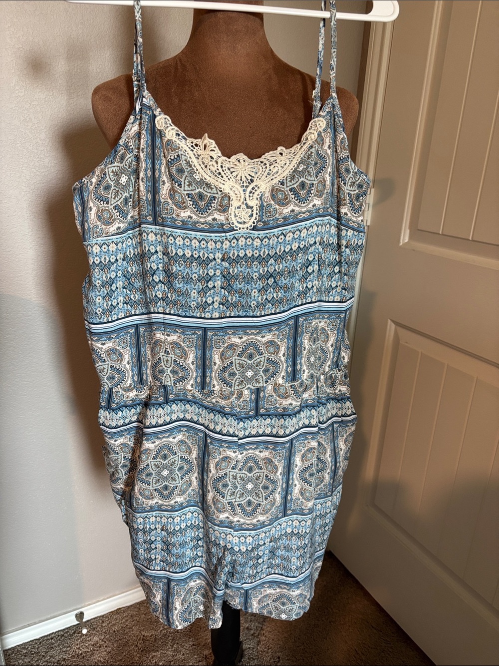 Blue Paisley Lace-Trim Romper Size Large